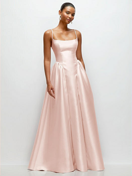 Scoop Neck Drop Basque Skirt Satin Maxi Dress with Pockets