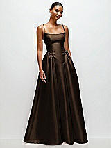 Front View Thumbnail - Espresso Scoop Neck Drop Basque Skirt Satin Maxi Dress with Pockets