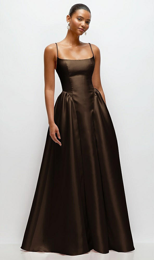 Front View - Espresso Scoop Neck Drop Basque Skirt Satin Maxi Dress with Pockets