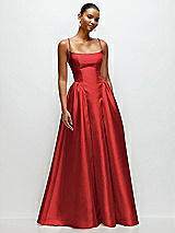 Front View Thumbnail - Poppy Red Scoop Neck Drop Basque Skirt Satin Maxi Dress with Pockets