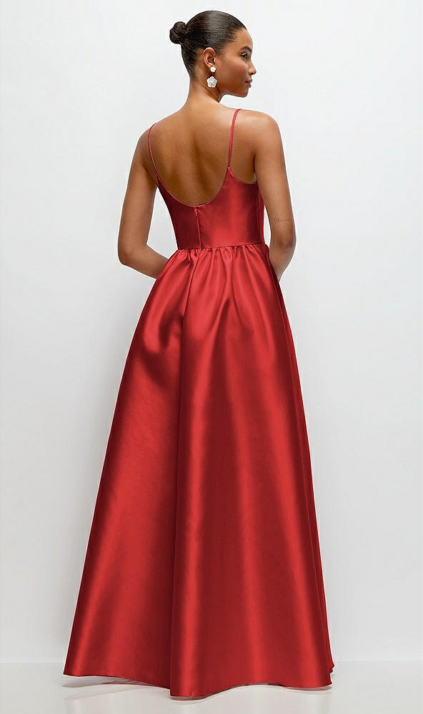 Back View - Poppy Red Scoop Neck Drop Basque Skirt Satin Maxi Dress with Pockets