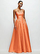 Front View Thumbnail - Portofino Orange Scoop Neck Drop Basque Skirt Satin Maxi Dress with Pockets