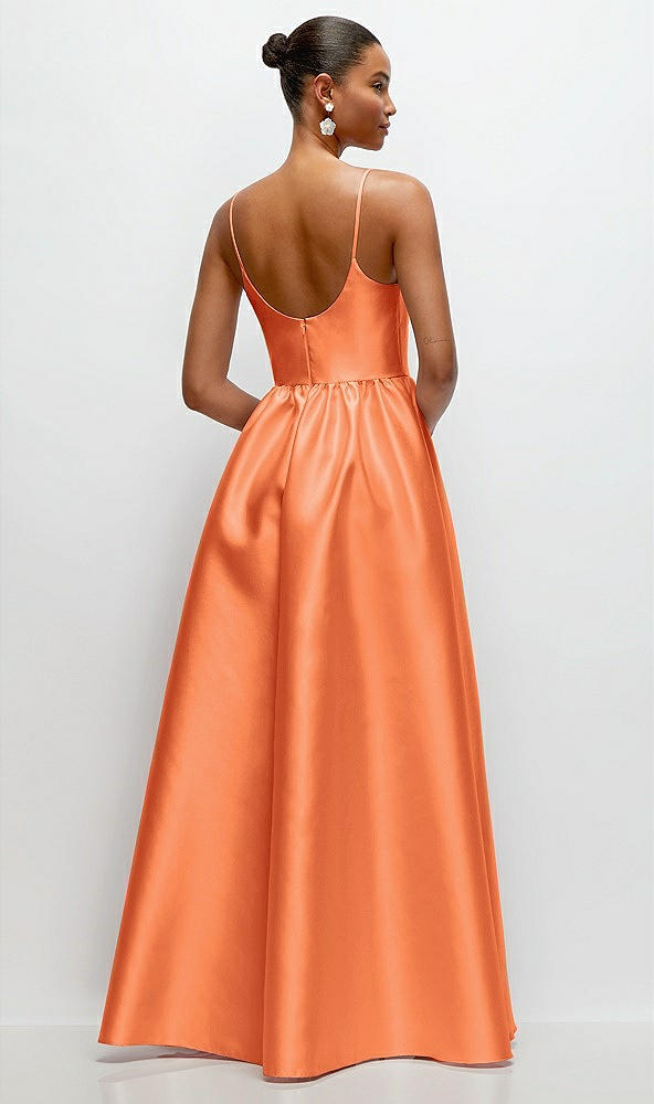Back View - Portofino Orange Scoop Neck Drop Basque Skirt Satin Maxi Dress with Pockets