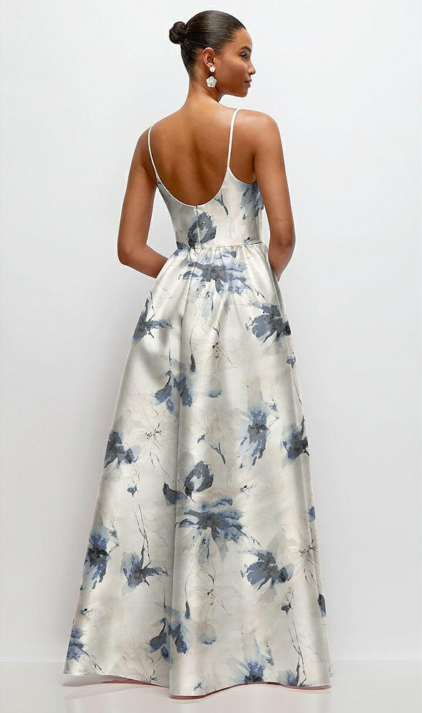 Back View - Inkwash Blue Floral Scoop Neck Drop Basque Skirt Floral Satin Maxi Dress with Pockets