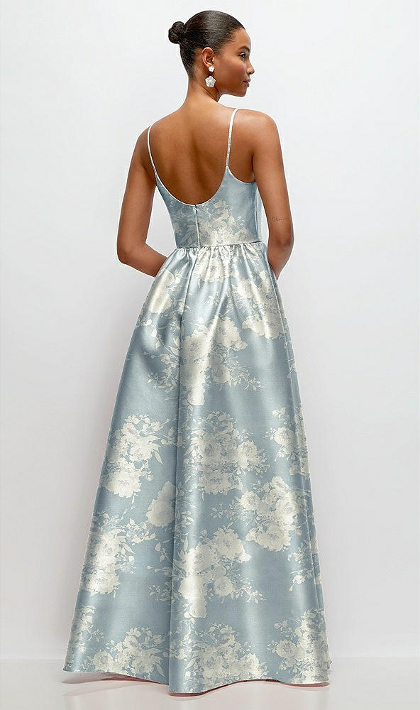 Back View - Porcelain Blue Seraphina Floral Scoop Neck Drop Basque Skirt Floral Satin Maxi Dress with Pockets