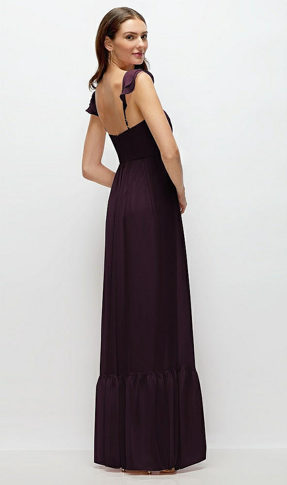 Back View - Deep Plum Ruffle Strap Chiffon Bustier Maxi Dress with Ruffle Hem A-Line Skirt