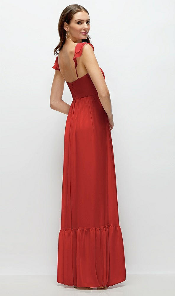Back View - Poppy Red Ruffle Strap Chiffon Bustier Maxi Dress with Ruffle Hem A-Line Skirt