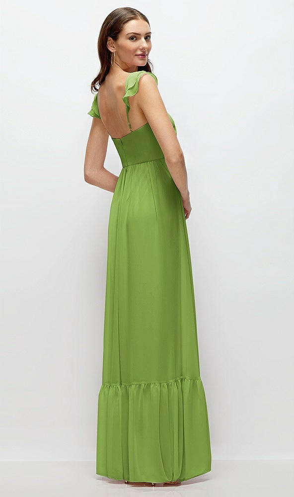 Back View - Peridot Green Ruffle Strap Chiffon Bustier Maxi Dress with Ruffle Hem A-Line Skirt