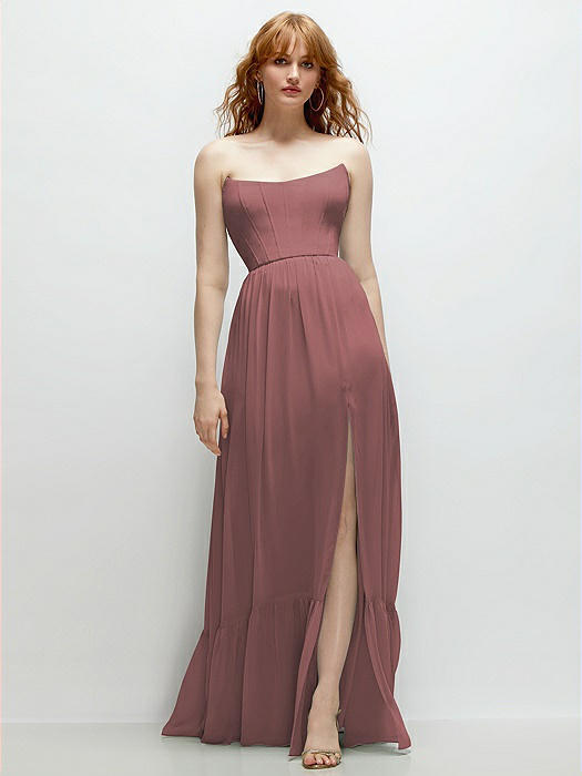 Strapless Cat-Eye Corset Maxi Dress with Ruffle Hem A-Line Skirt