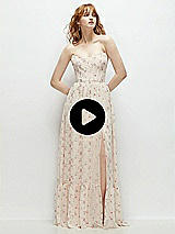 Video 1 Thumbnail - White Strapless Cat-Eye Corset Maxi Dress with Ruffle Hem A-Line Skirt