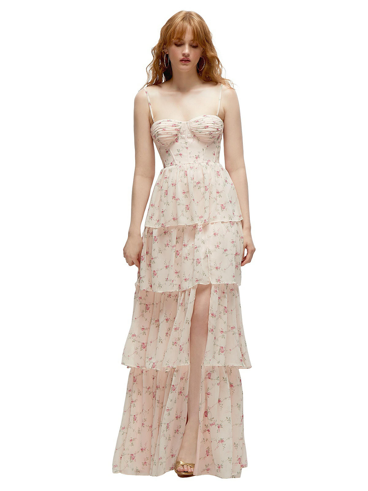 white christmas dresses Ruffle High-Low Chiffon Floral Print Dress Petite / 4 / White-Blue