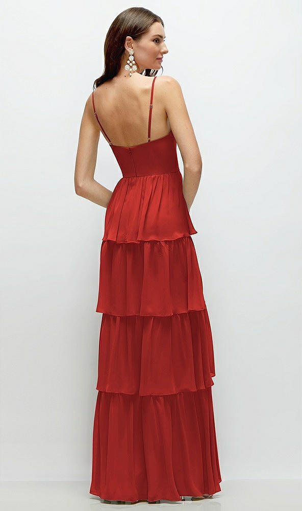 Back View - Poppy Red Bustier-Style Chiffon Tiered Ruffle Maxi Dress with Adjustable Straps