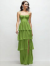 Front View Thumbnail - Peridot Green Bustier-Style Chiffon Tiered Ruffle Maxi Dress with Adjustable Straps