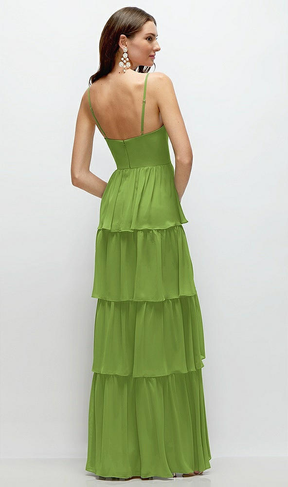 Back View - Peridot Green Bustier-Style Chiffon Tiered Ruffle Maxi Dress with Adjustable Straps