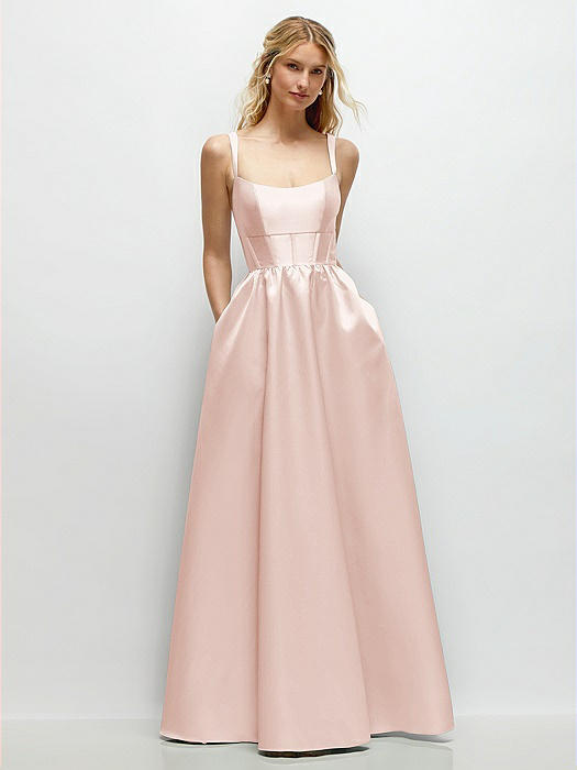 Scoop Neck Inset Corset Satin Maxi Dress with Pockets
