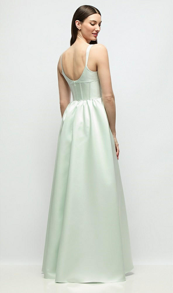 Back View - Mint Green Scoop Neck Inset Corset Satin Maxi Dress with Pockets
