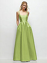 Front View Thumbnail - Mojito Scoop Neck Inset Corset Satin Maxi Dress with Pockets