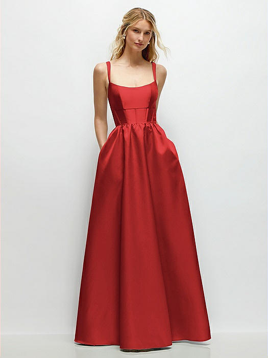 Scoop Neck Inset Corset Satin Maxi Dress with Pockets