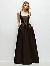 Front View Thumbnail - Espresso Scoop Neck Inset Corset Satin Maxi Dress with Pockets