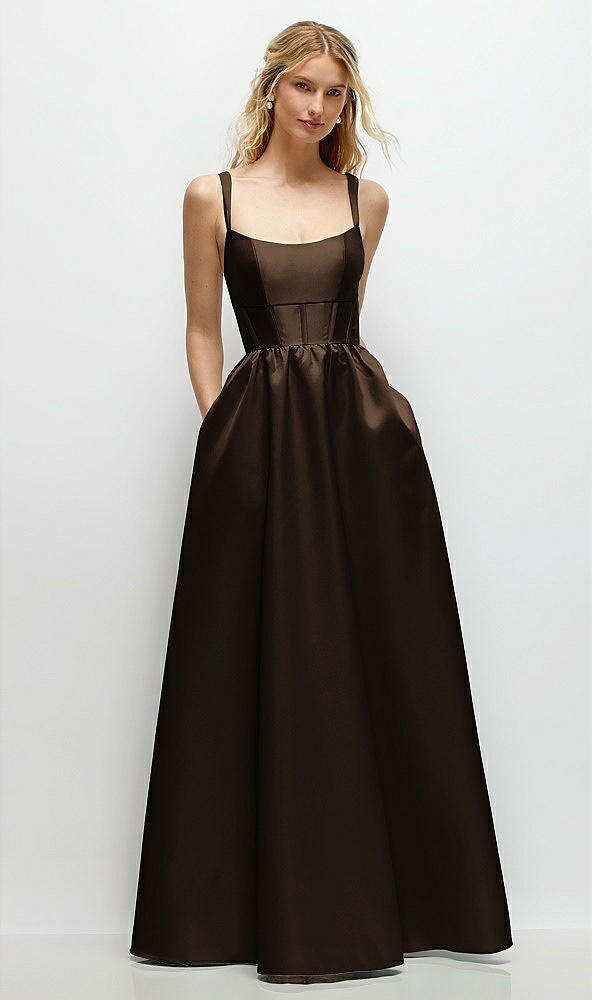 Front View - Espresso Scoop Neck Inset Corset Satin Maxi Dress with Pockets