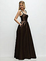 Side View Thumbnail - Espresso Scoop Neck Inset Corset Satin Maxi Dress with Pockets