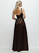 Rear View Thumbnail - Espresso Scoop Neck Inset Corset Satin Maxi Dress with Pockets