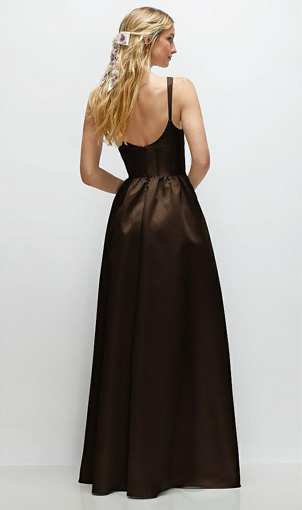 Back View - Espresso Scoop Neck Inset Corset Satin Maxi Dress with Pockets