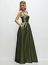 Side View Thumbnail - Olive Green Scoop Neck Inset Corset Satin Maxi Dress with Pockets