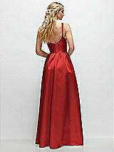 Rear View Thumbnail - Poppy Red Scoop Neck Inset Corset Satin Maxi Dress with Pockets