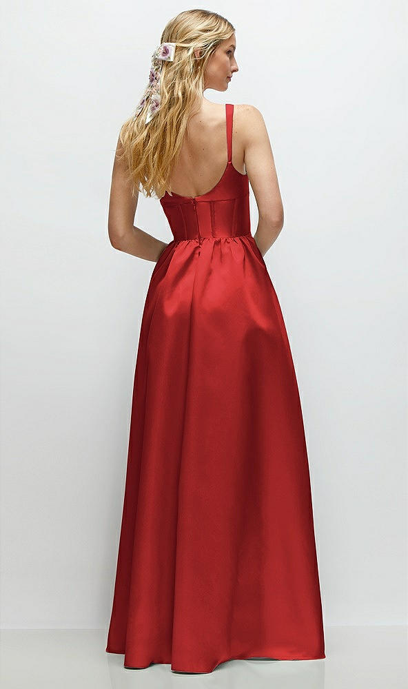 Back View - Poppy Red Scoop Neck Inset Corset Satin Maxi Dress with Pockets