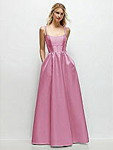 Front View Thumbnail - Powder Pink Scoop Neck Inset Corset Satin Maxi Dress with Pockets