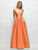 Front View Thumbnail - Portofino Orange Scoop Neck Inset Corset Satin Maxi Dress with Pockets