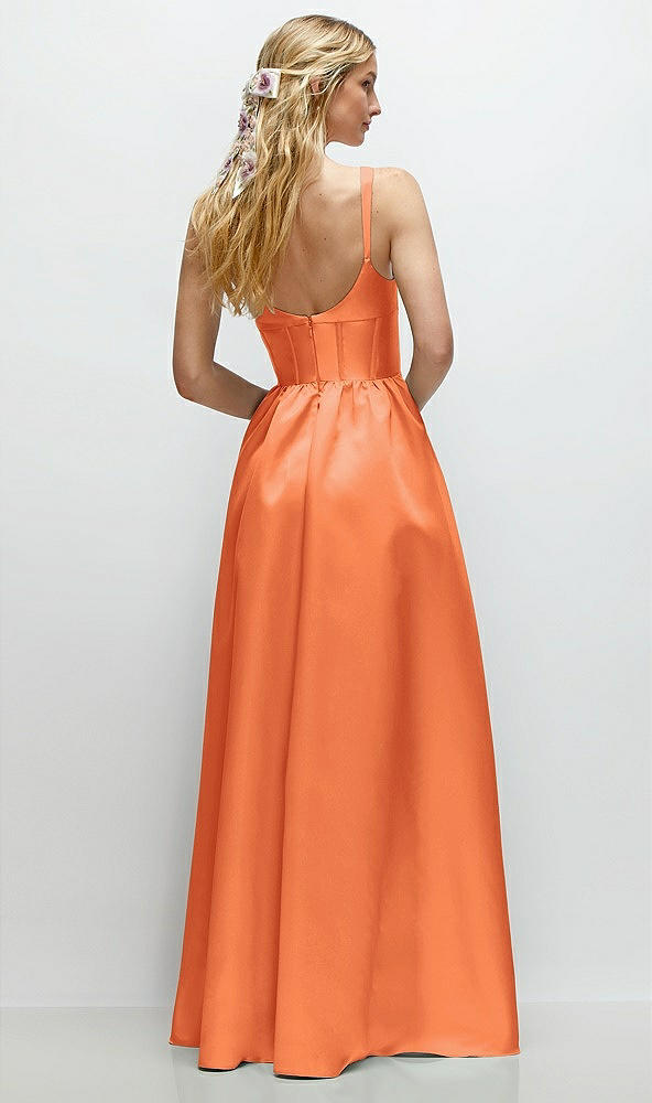 Back View - Portofino Orange Scoop Neck Inset Corset Satin Maxi Dress with Pockets