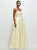 Front View Thumbnail - Butter Yellow Strapless Draped Cat-Eye Satin Maxi Dress with Full Skirt
