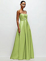 Front View Thumbnail - Mojito Strapless Draped Cat-Eye Satin Maxi Dress with Full Skirt