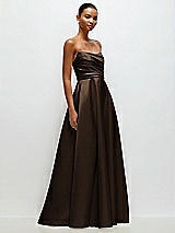 Front View Thumbnail - Espresso Strapless Draped Cat-Eye Satin Maxi Dress with Full Skirt