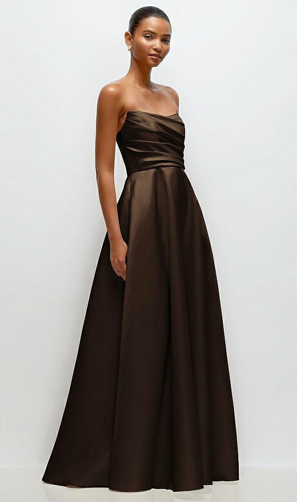 Front View - Espresso Strapless Draped Cat-Eye Satin Maxi Dress with Full Skirt