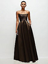 Side View Thumbnail - Espresso Strapless Draped Cat-Eye Satin Maxi Dress with Full Skirt