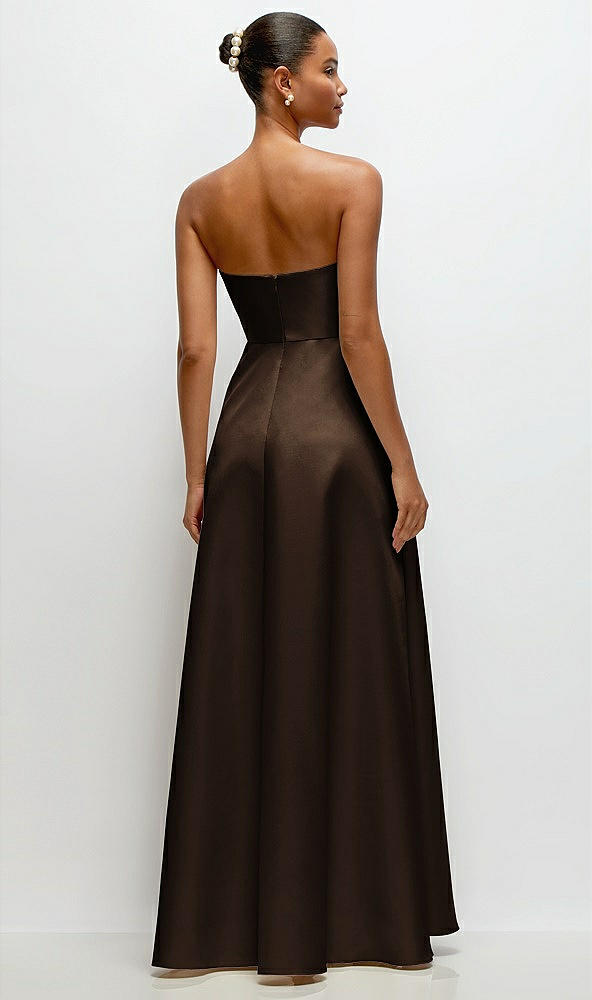 Back View - Espresso Strapless Draped Cat-Eye Satin Maxi Dress with Full Skirt