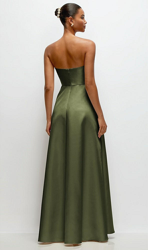 Back View - Olive Green Strapless Draped Cat-Eye Satin Maxi Dress with Full Skirt