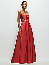 Front View Thumbnail - Poppy Red Strapless Draped Cat-Eye Satin Maxi Dress with Full Skirt