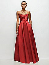 Side View Thumbnail - Poppy Red Strapless Draped Cat-Eye Satin Maxi Dress with Full Skirt