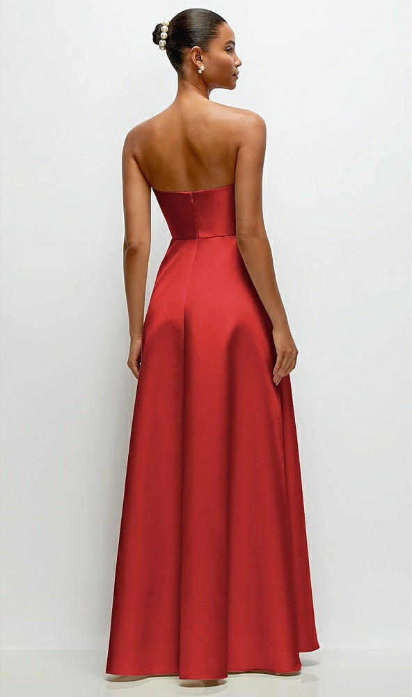 Back View - Poppy Red Strapless Draped Cat-Eye Satin Maxi Dress with Full Skirt
