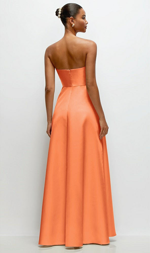 Back View - Portofino Orange Strapless Draped Cat-Eye Satin Maxi Dress with Full Skirt