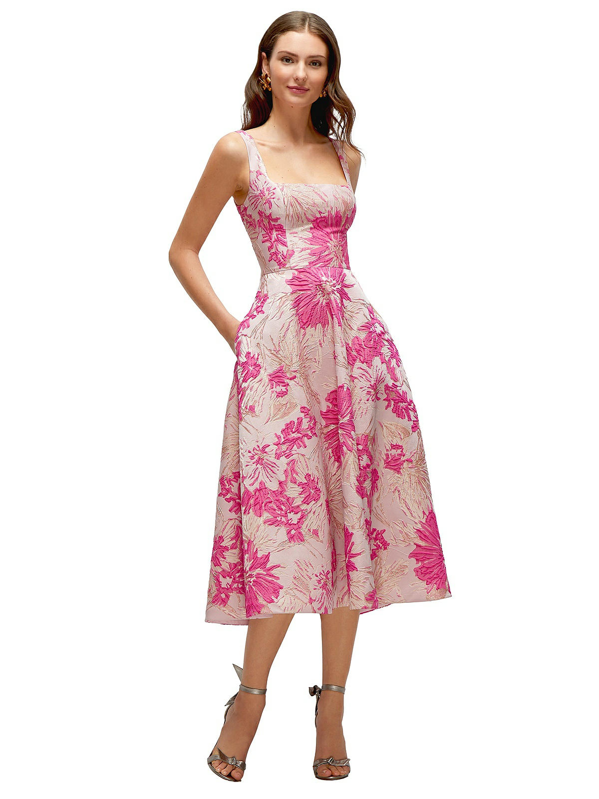 Hibiscus Pink Square Neck Floral Jacquard Midi Bridesmaid Dress In