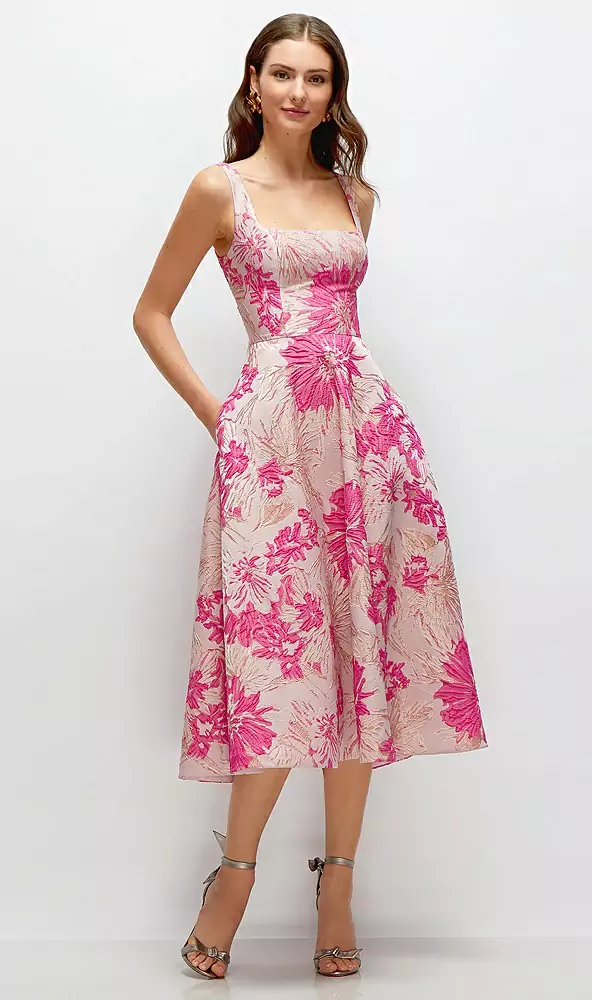 Hibiscus Pink Square Neck Floral Jacquard Midi Bridesmaid Dress In