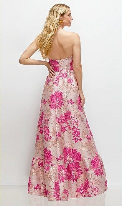 strapless open back dress Pink Floral Soft Ruched Short Sleeves High Low Chiffon Bridesmaid Dresses