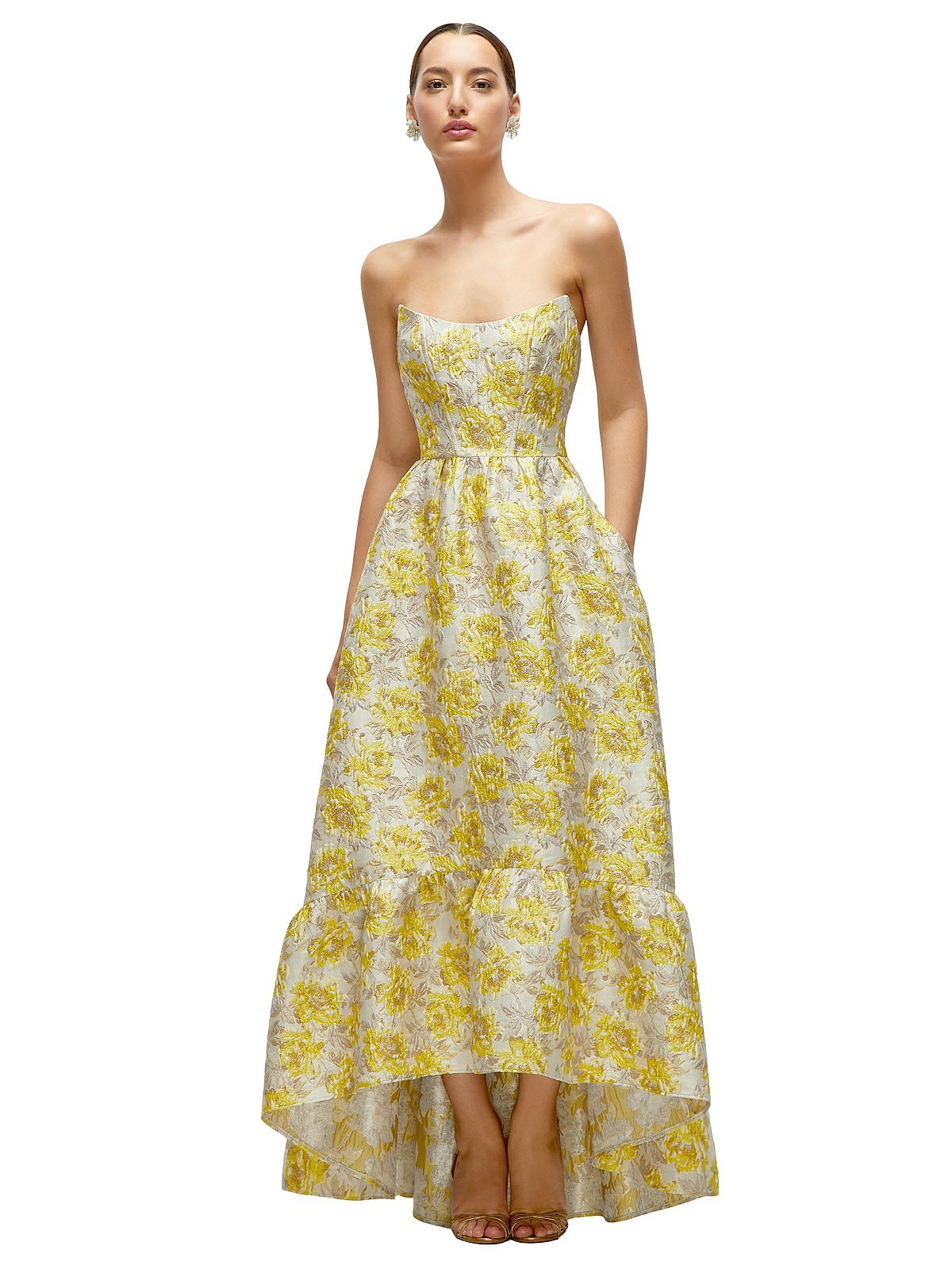 Golden Yellow Strapless Cat-Eye Floral Jacquard Corset High-Low Dress with Ruffle Hem Golden Yellow Strapless Cat-Eye Floral Jacquard Corset High-Low Dress with Ruffle Hem