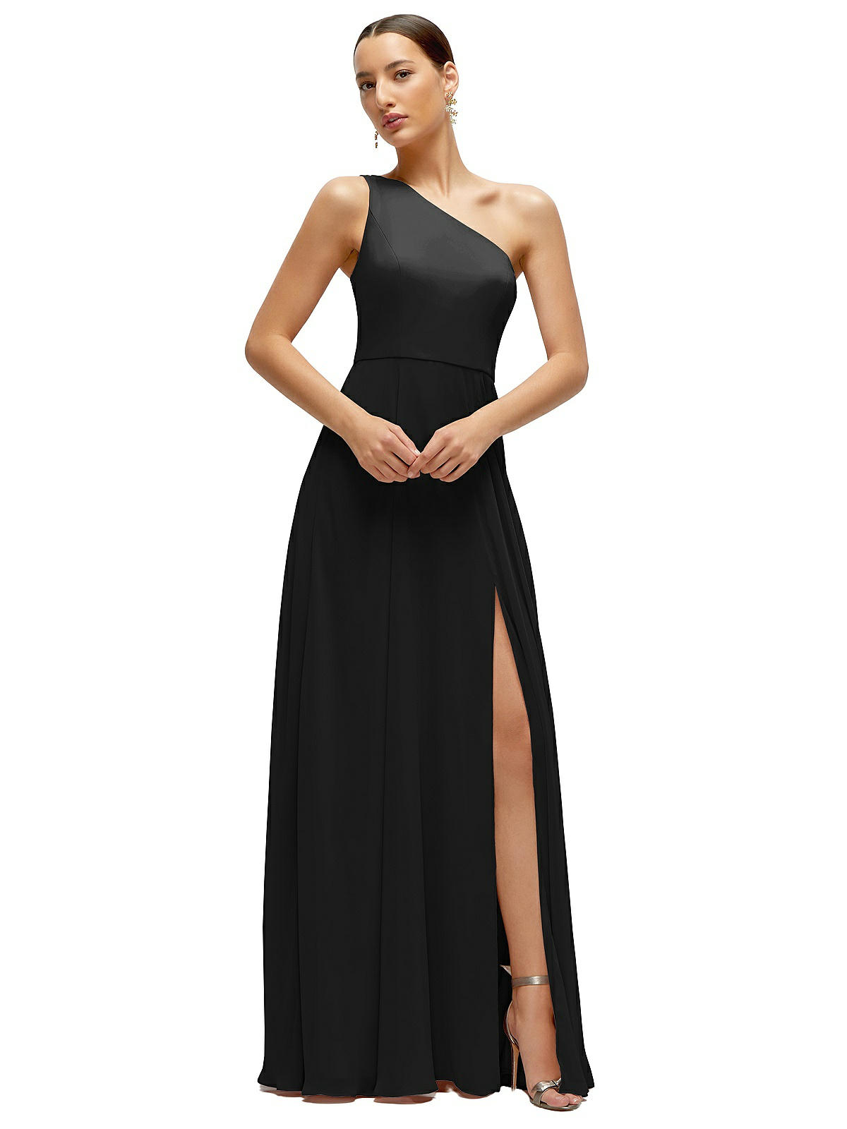 sachin and babi light blue dress Chiffon One-shoulder Maxi Bridesmaid Dress With Circle Skirt In Black