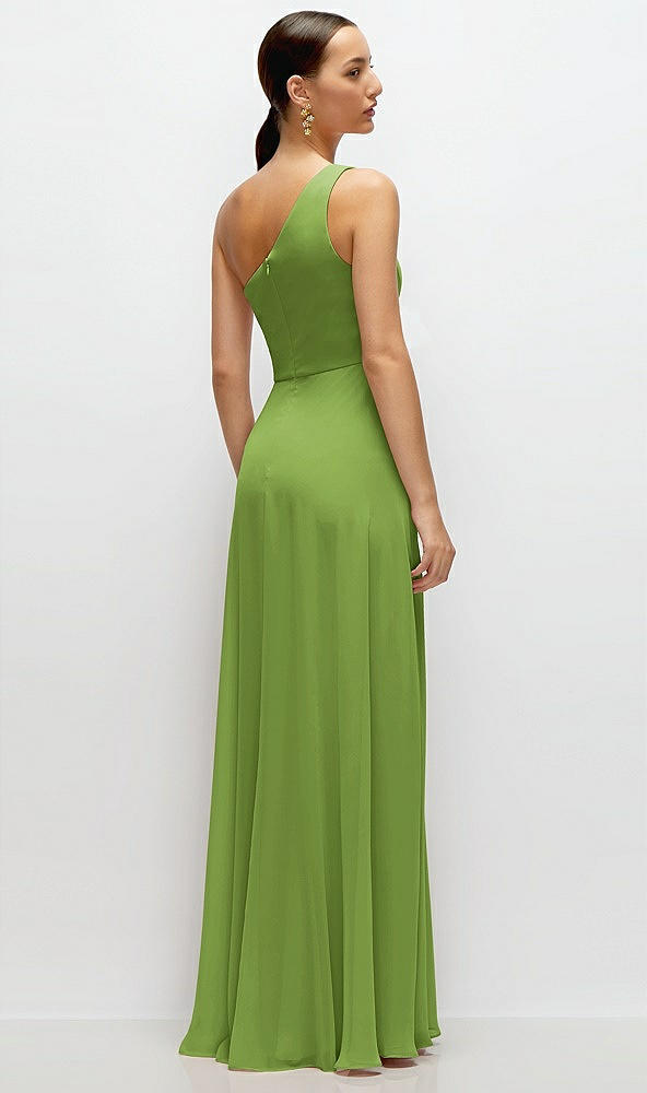 Back View - Peridot Green Chiffon One-Shoulder Maxi Dress with Circle Skirt